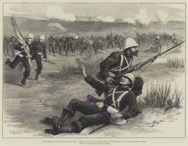 The Reconnaissance in Force, augusztus 5., a Királyi Tengerészgyalogosok visszaesnek a nap végén, erős tűz alatt (metszet) alkotó: English School