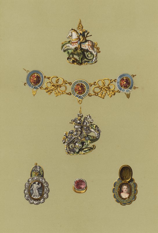 A skóciai regáliák, a Regalia kisebb cikkei (chromolitho) alkotó: English School