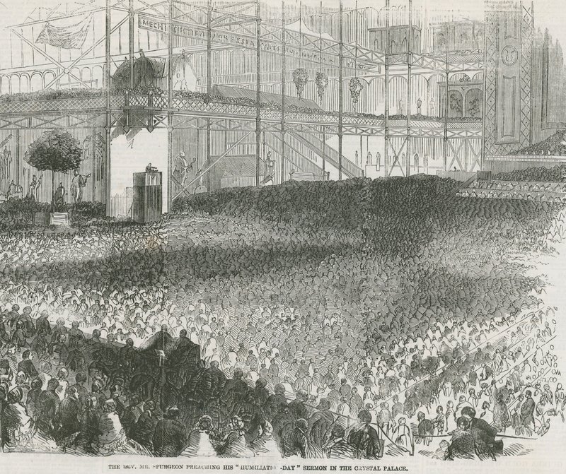 Charles Haddon Spurgeon tiszteletes a megaláztatás napi prédikációját hirdeti a Kristálypalotában alkotó: English School