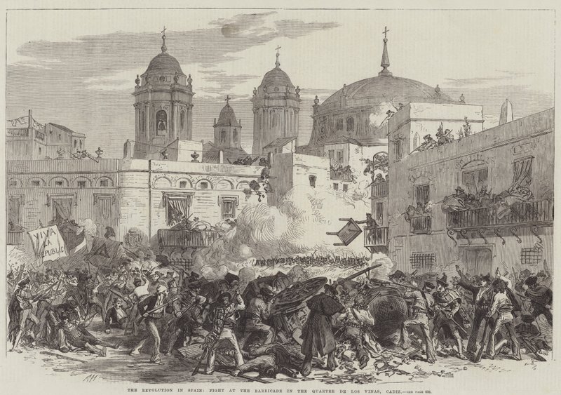 A forradalom Spanyolországban, Harc a Barikádon a Quarter de Los Vinasban, Cadiz (metszet) alkotó: English School