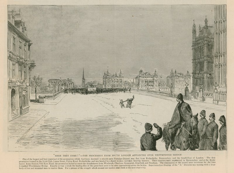 Zavargás a Trafalgar Square-en: Itt jönnek – a menet Dél-Londonból halad a Westminster hídon alkotó: English School