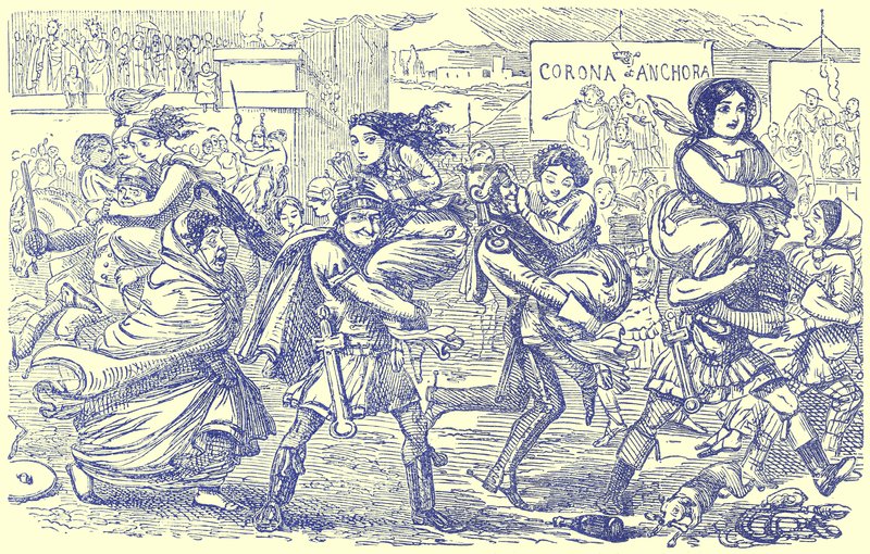 A rómaiak elsétálnak a szabin nőkkel, illusztráció a Róma képregénytörténetéből, Gilbert Abbott a Becketttől, megjelent 1850 körül (digitálisan javított kép) alkotó: English School