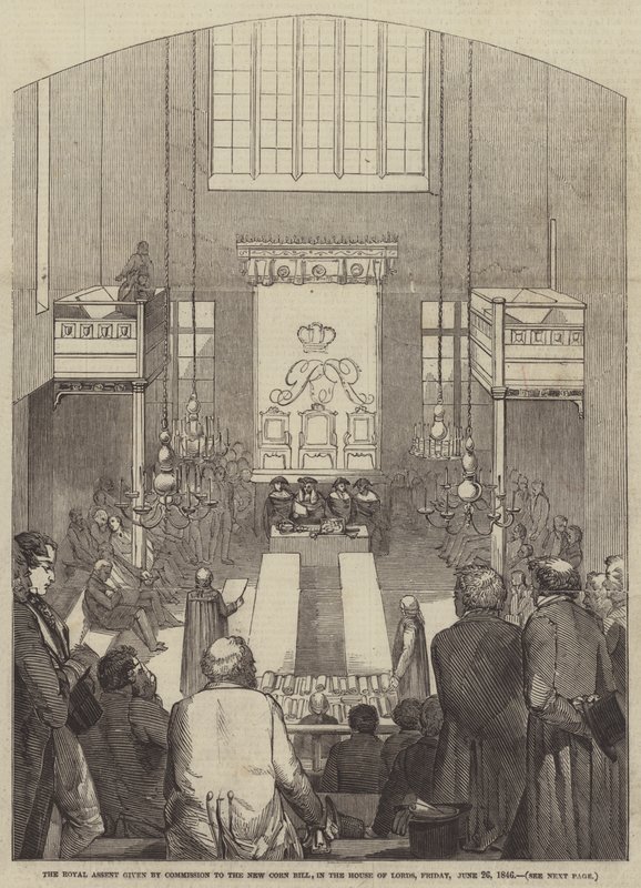 A Bizottság által a New Corn Billhez adott királyi hozzájárulása a Lordok Házában, 1846. június 26-án, pénteken (metszet) alkotó: English School