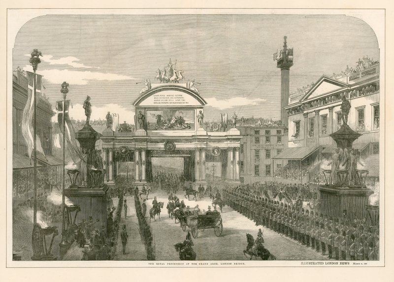 A királyi körmenet a Grand Arch, London Bridge alkotó: English School