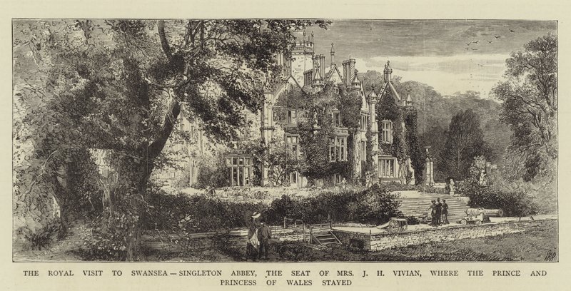Királyi látogatás Swansea-ban, a Singleton Abbeyben, Mrs. J H Vivian székhelyén, ahol a walesi herceg és hercegnő szállt meg (metszet) alkotó: English School