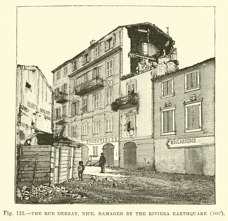 A nizzai Rue Debray, 1887-ben, a Riviera-i földrengés következtében alkotó: English School