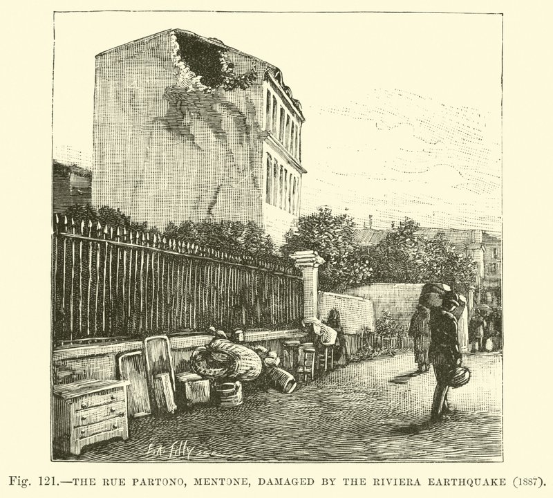 A Rue Partono, Mentone, 1887-ben, a Riviera-i földrengésben megsérült alkotó: English School