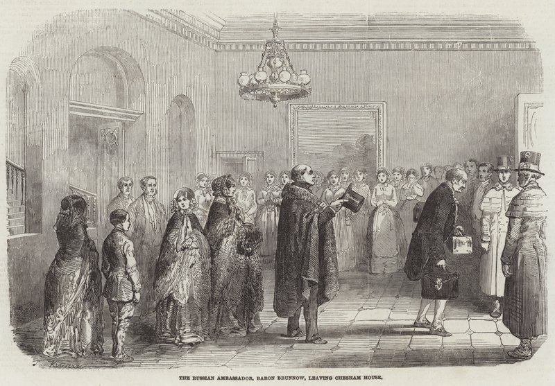 Az orosz nagykövet, Brunnow báró elhagyja a Chesham House-t (metszet) alkotó: English School