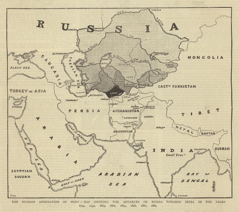 Merv orosz annektálása, Oroszország India felé való előretörését ábrázoló térkép az 1734, 1836, 1863, 1867, 1874, 1876, 1881, 1884 években alkotó: English School