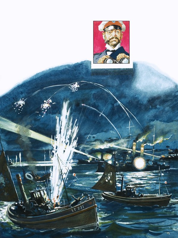 Az orosz erők 1904-ben összetévesztik a brit halászflottát a japán inváziós hajókkal. alkotó: English School