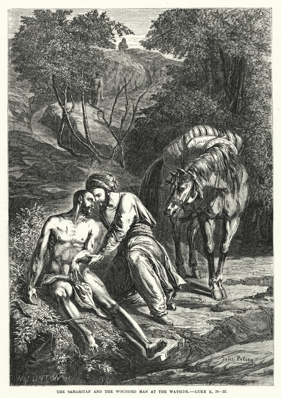 A szamaritánus és a sebesült ember az útszélen, Lukács X, 30-35 (metszet) alkotó: English School