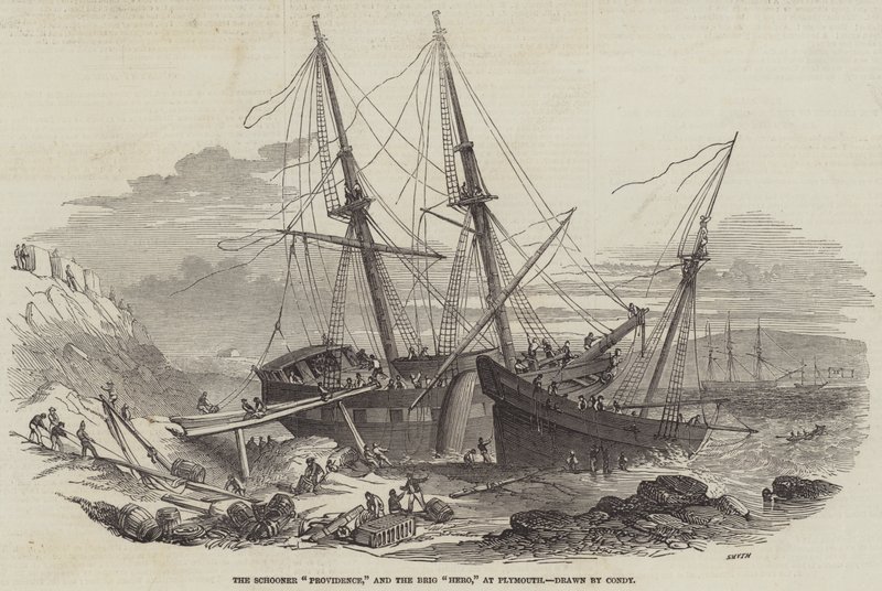 A Schooner "Providence" és a Brig "Hero" Plymouthban (metszet) alkotó: English School