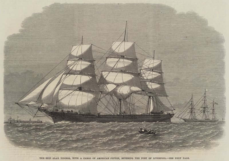 The Ship Glad Tidings, egy rakomány amerikai pamuttal, belép Liverpool kikötőjébe (metszet) alkotó: English School
