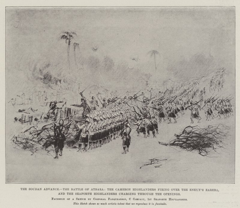 A Soudan Advance, az Atbara-i csata, a Cameron Highlanderek az ellenség Zareba felett lőttek, és a Seaforth Highlanderek a nyílásokon keresztül rohannak (litho) alkotó: English School