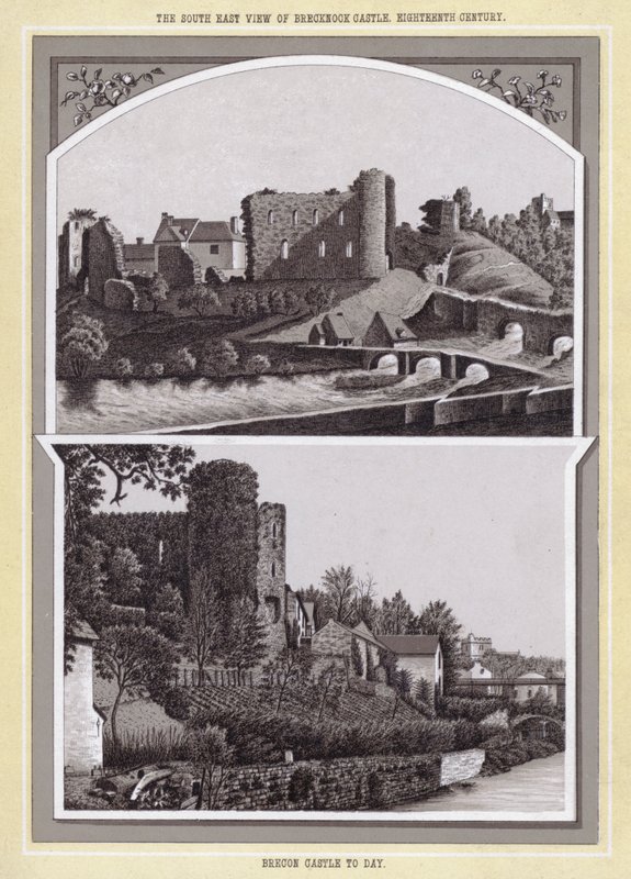 Brecknock kastély délkeleti kilátása, tizennyolcadik század; Brecon kastély a mai napig (litho) alkotó: English School