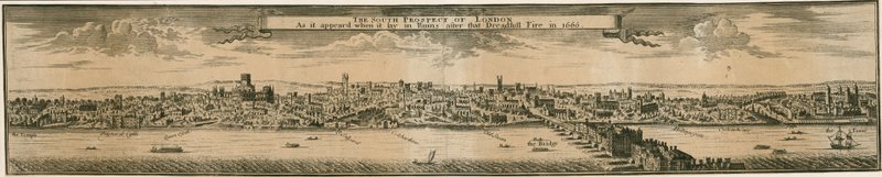 London déli kilátása, az 1666-os nagy tűzvész után alkotó: English School