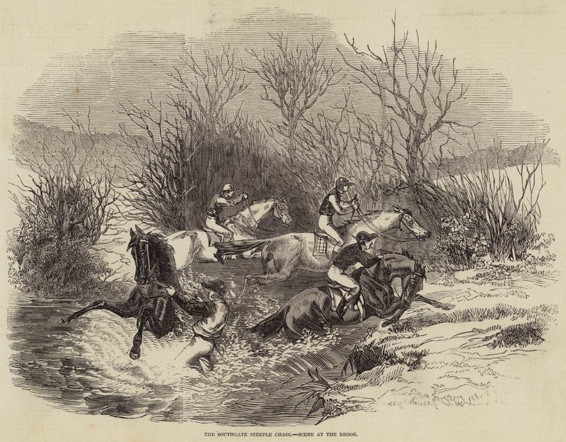 The Southgate Steeple Chase, Jelenet a pataknál (metszet) alkotó: English School