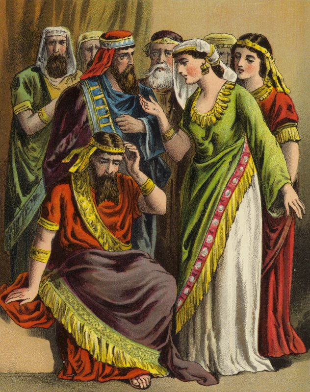Eszter királynő története: Hámán panaszát Zeresh, felesége és minden barátja elé terjeszti (színes litho) alkotó: English School