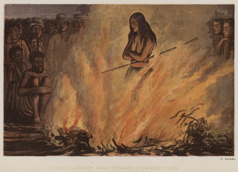 A Sukia Medicine Woman sértetlenül a tűz közepén (színes litho) alkotó: English School