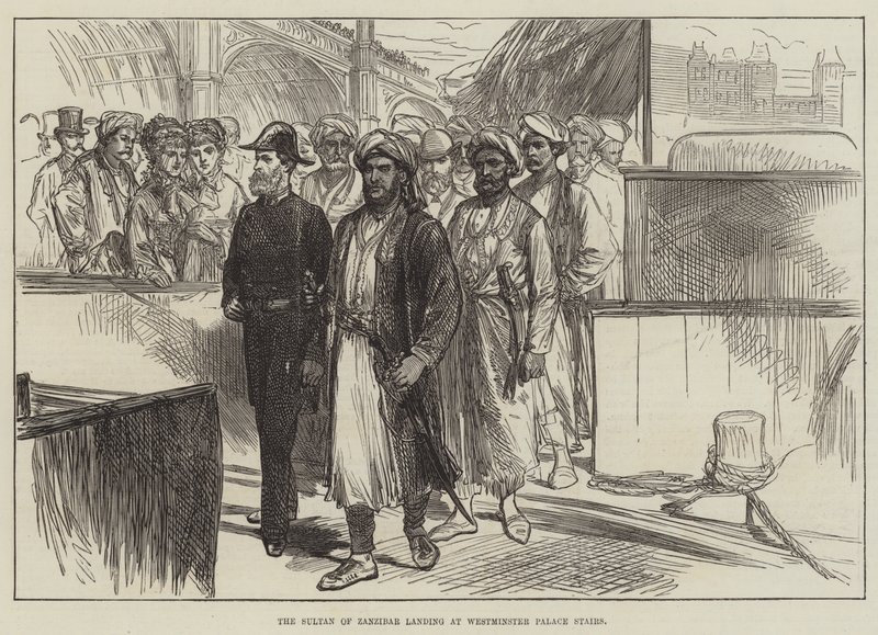 Zanzibár szultána partraszállás a Westminster Palota lépcsőjénél (metszet) alkotó: English School