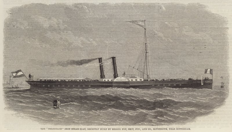 A "Telegraaf" Iron Steam-Boat, amelyet a közelmúltban épített a Messers Fop, Smit, Junior and Company, Kinderdyk, Rotterdam közelében (metszet) alkotó: English School
