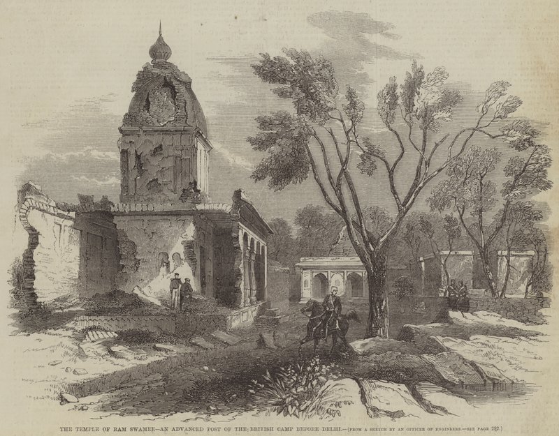 Ram Swamee temploma, a Delhi előtti brit tábor haladó bejegyzése (metszet) alkotó: English School