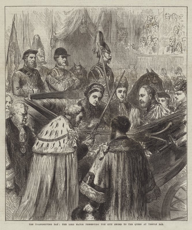 A hálaadás napja, a főpolgármester átadja a város kardját a királynőnek a Temple Barban (metszet) alkotó: English School