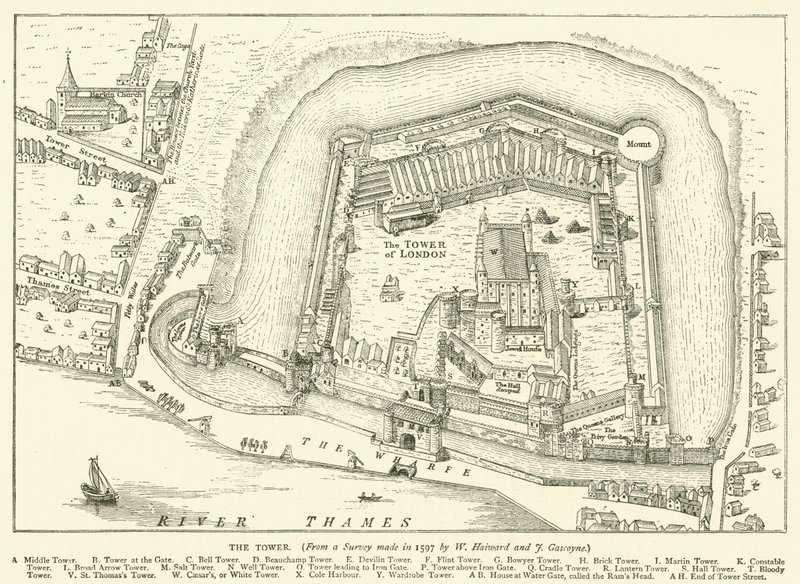 A torony W Haiward és J Gascoyne 1597-ben végzett felméréséből alkotó: English School