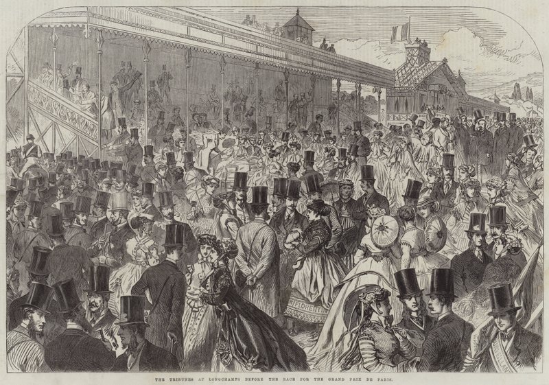 A Longchamps-i Tribunes a Párizsi Grand Prix verseny előtt (metszet) alkotó: English School