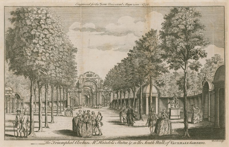 A Diadalívek, Handels úr szobra, a Vauxhall Gardens déli sétányán, Londonban alkotó: English School