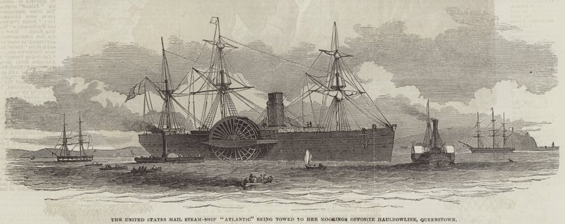 Az Egyesült Államok "Atlantic" postagőzhajóját a queenstowni Haulbowline-nal szemben lévő Mooringjéhez vontatják (metszet) alkotó: English School