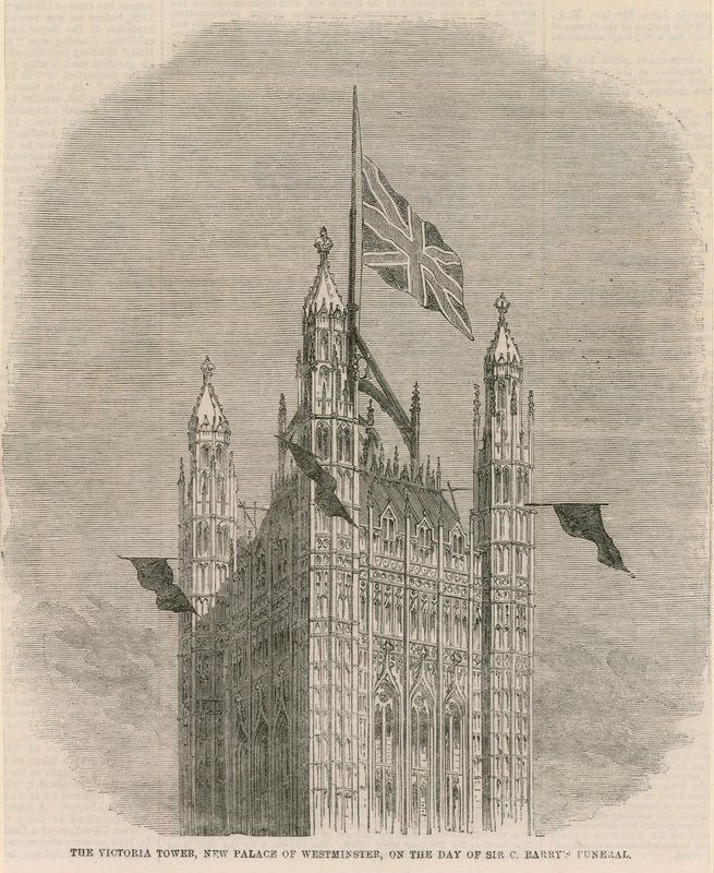 A Victoria Tower, az új Westminster-palota, Sir C Barnets temetésének napján alkotó: English School