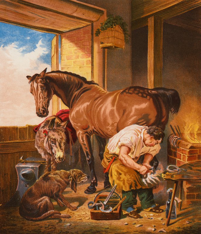 A falu kovácsműhelye (színes litográfia) alkotó: English School