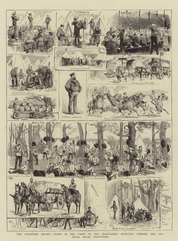 Önkéntes Szemle, Feljegyzések a Honorable Tüzér Társaság és a Királyi Tengerészeti Önkéntesek táboraiban (metszet) alkotó: English School