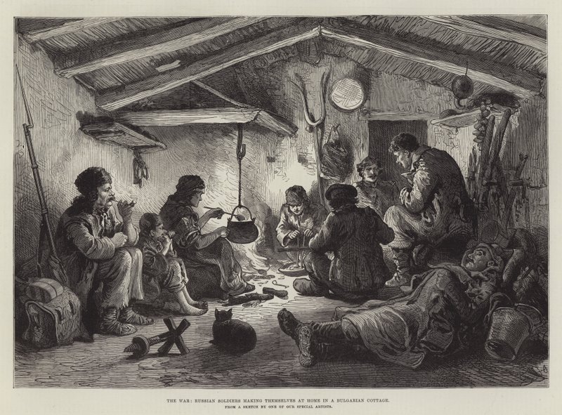 A háború, orosz katonák otthonosan mozognak egy bolgár kunyhóban (metszet) alkotó: English School