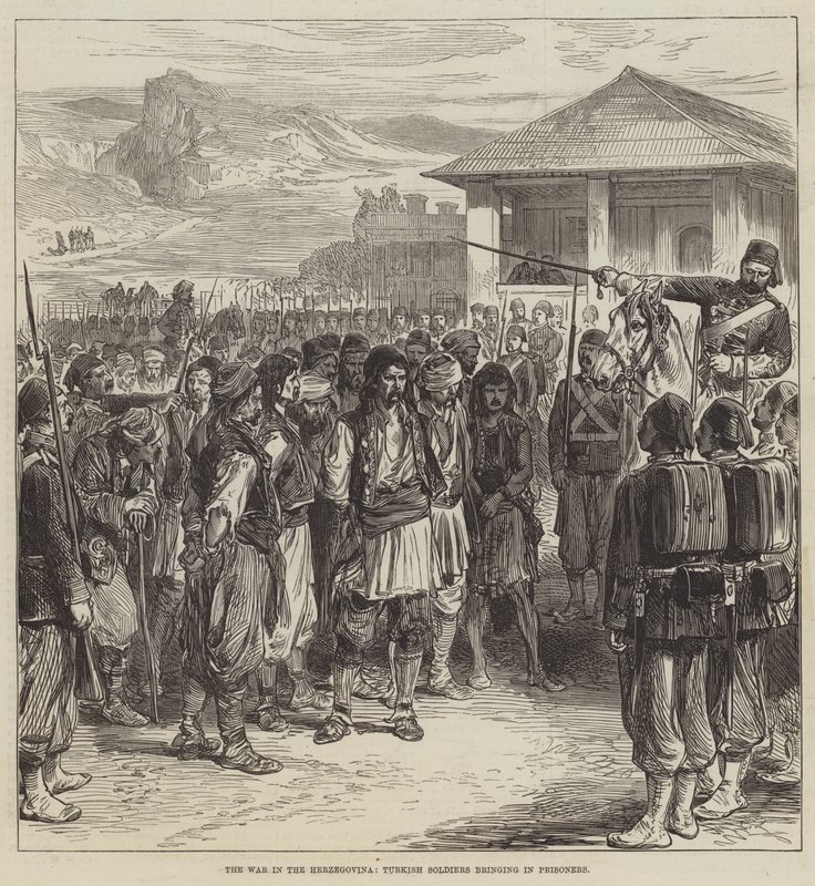 A hercegovinai háború, török katonák rabokat hoznak be (metszet) alkotó: English School