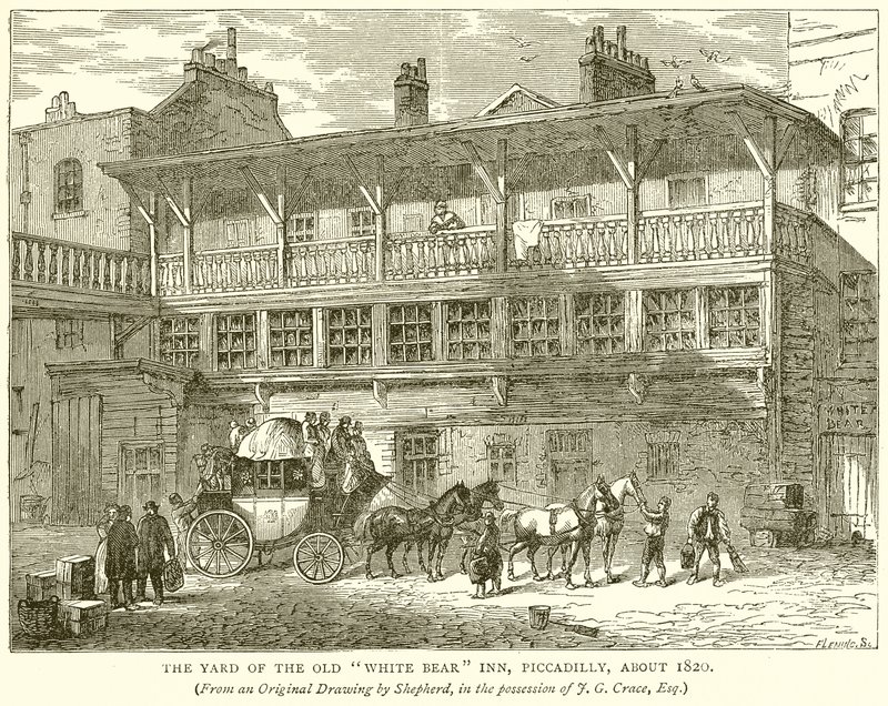 Az Old White Bear Inn udvara, Piccadilly, 1820 körül alkotó: English School
