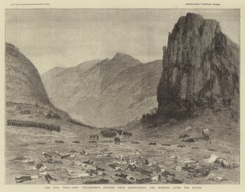 A zulu háború, Lord Chelmsford visszavonulása Isandlwanából a csata utáni reggelen (metszet) alkotó: English School