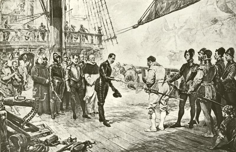 A spanyol armada admirálisa megadja magát Drake-nek (mélynyomás) alkotó: English School