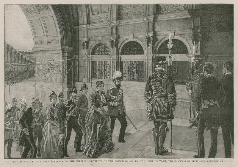 Megérkezés a walesi herceg császári intézetének főbejáratához, York hercege, Teck hercegné és May hercegnő alkotó: English School