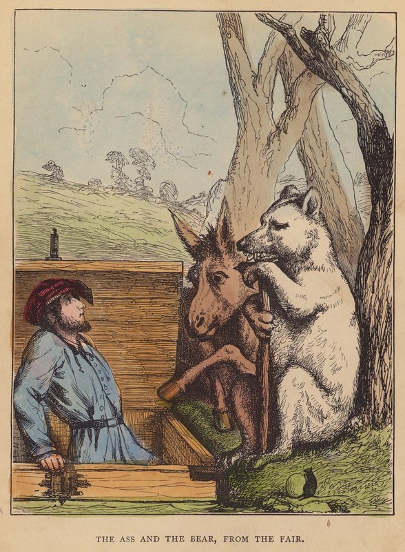 A szamár és a medve, a vásárból (színes litográfia) alkotó: English School
