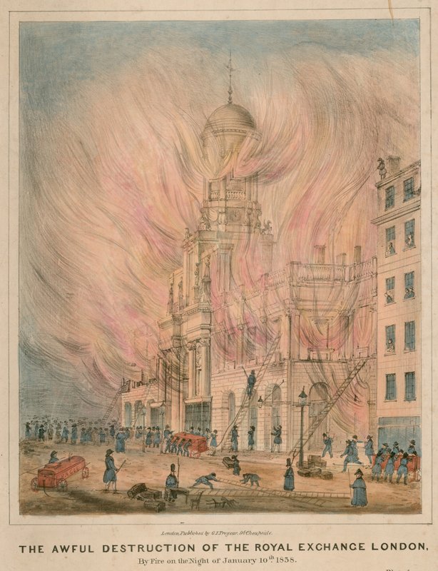 A londoni királyi tőzsde szörnyű pusztulása, amelyet tűzvész 1838. január 10-én alkotó: English School