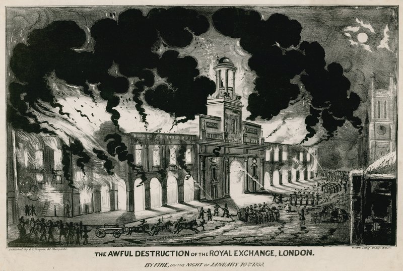 A londoni királyi tőzsde szörnyű pusztulása, amelyet tűzvész 1838. január 10-én alkotó: English School