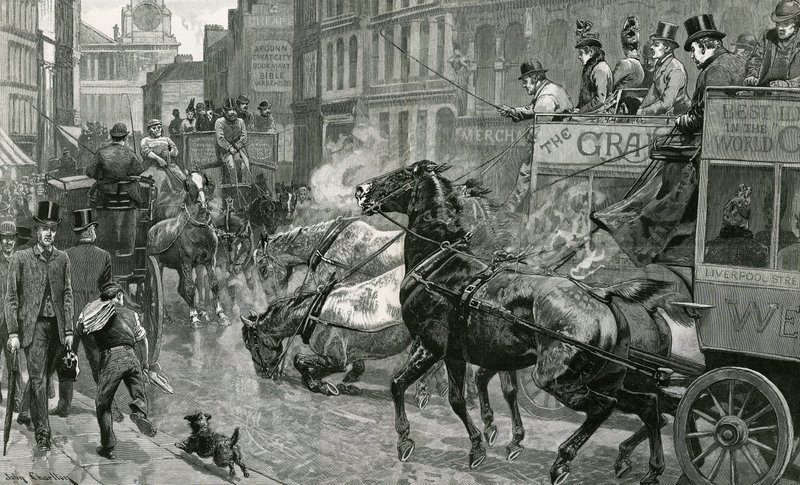 A londoni utcák csata - Ludgate Hill egy csúszós napon alkotó: English School