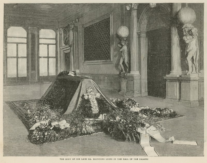 A néhai Mr. Browning holtteste a velencei Palazzo Rezzonico termében fekszik alkotó: English School