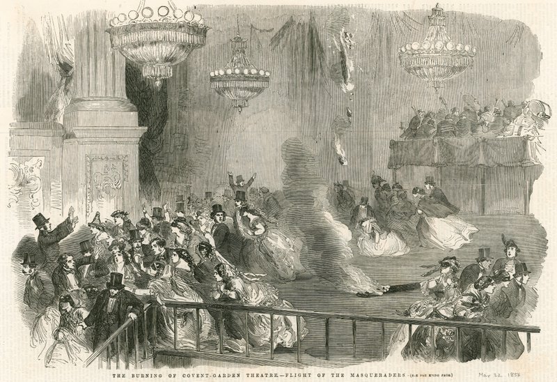 A londoni Covent Garden Theatre felgyújtása – az Álarcosok repülése alkotó: English School