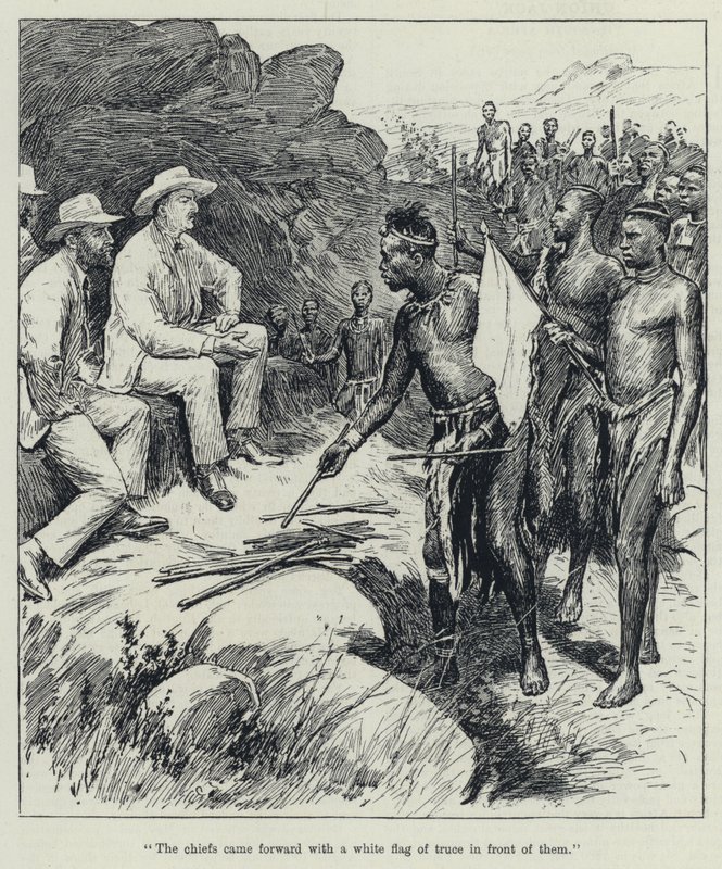 "A főnökök a fegyverszünet fehér lobogójával léptek fel előttük" (litho) alkotó: English School