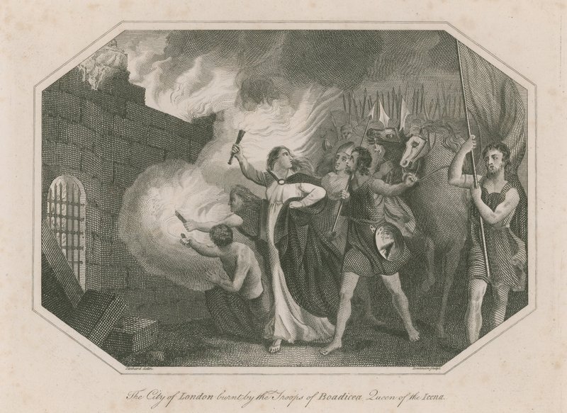 London városát felgyújtották Boadicea, Icena királynője csapatai alkotó: English School