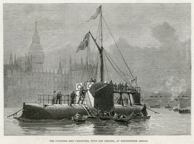A Kleopátra hengeres hajó obeliszkkel a Westminster Bridge-nél alkotó: English School