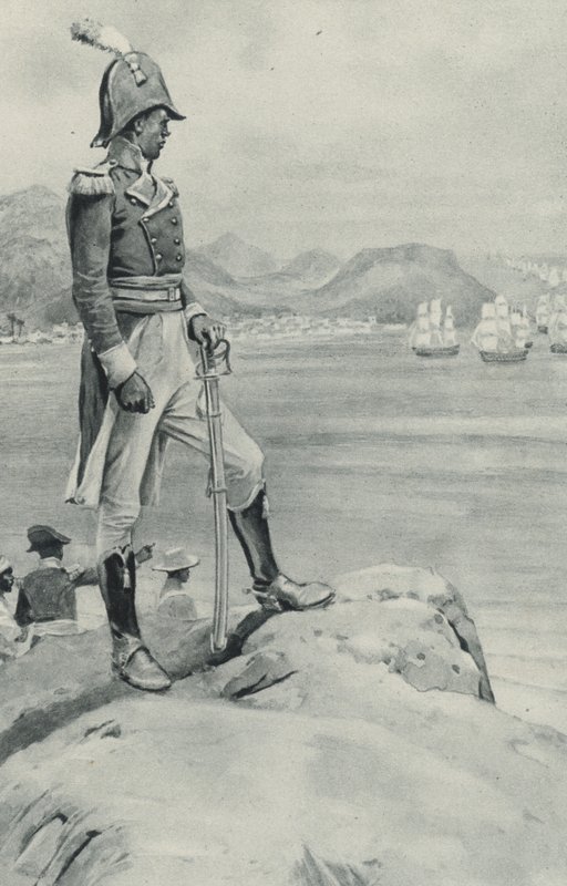 Szegény Toussaint LOuverture halála közeleg, a fekete vezér figyeli a közelgő flottát, amelyet Napóleon küldött a pusztítására. alkotó: English School